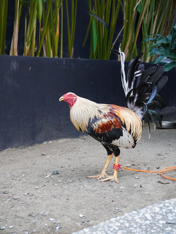 A vibrant rooster stands on a dirt path, showcasing its colorful feathers.