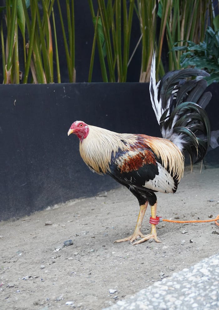 A vibrant rooster standing on a path with lush greenery in the background.